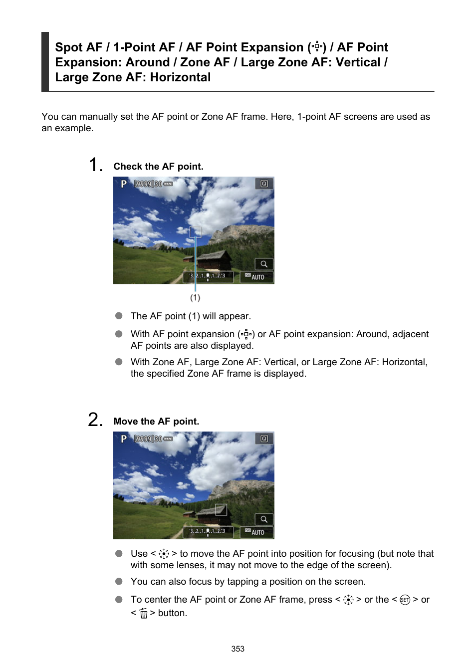 Spot af / 1-point af / af point expansion, Af point expansion: around / zone | Canon EOS-1D X Mark III DSLR Camera (Body Only) User Manual | Page 353 / 966