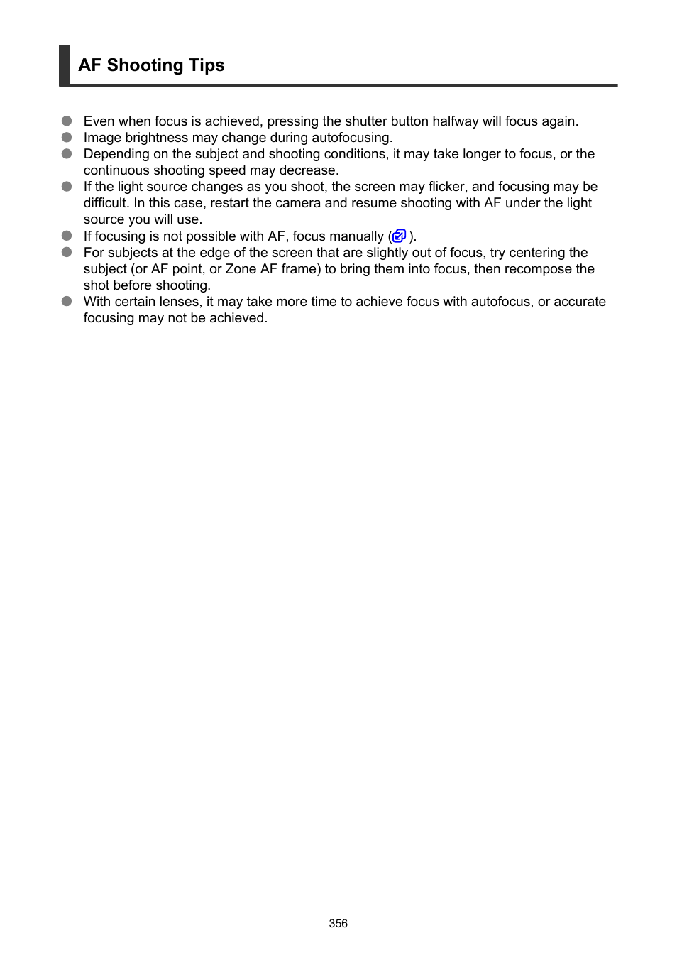 Af shooting tips | Canon EOS-1D X Mark III DSLR Camera (Body Only) User Manual | Page 356 / 966