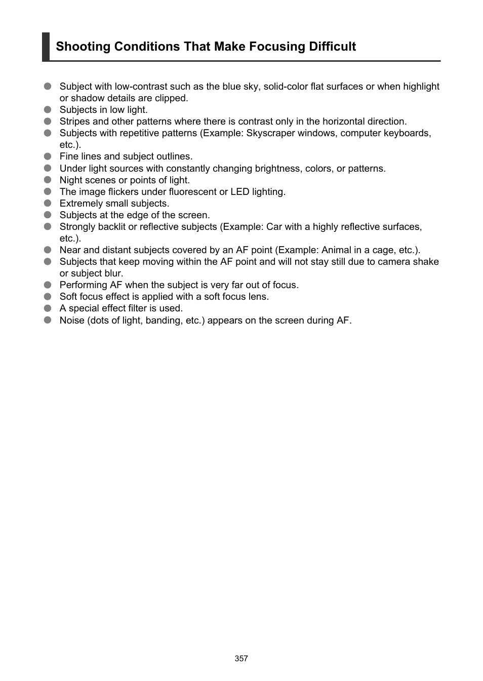 Shooting conditions that make focusing difficult | Canon EOS-1D X Mark III DSLR Camera (Body Only) User Manual | Page 357 / 966