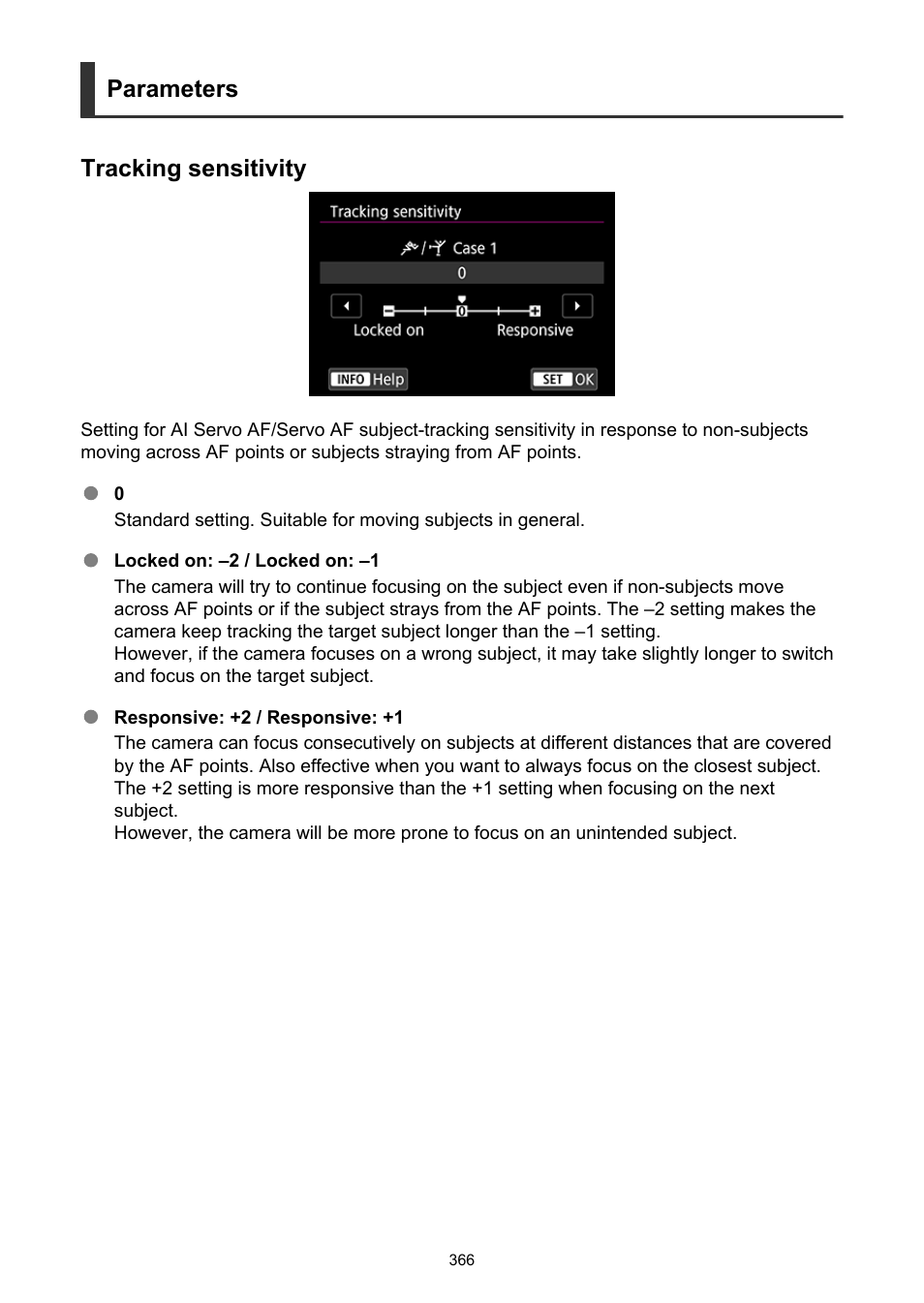 Tracking sensitivity, Parameters, Parameters tracking sensitivity | Canon EOS-1D X Mark III DSLR Camera (Body Only) User Manual | Page 366 / 966