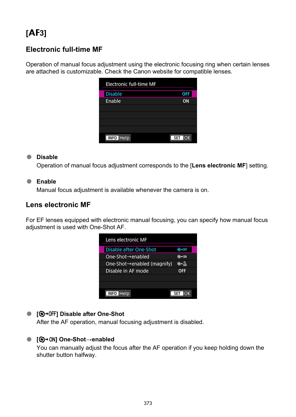 Electronic full-time mf, Lens electronic mf | Canon EOS-1D X Mark III DSLR Camera (Body Only) User Manual | Page 373 / 966