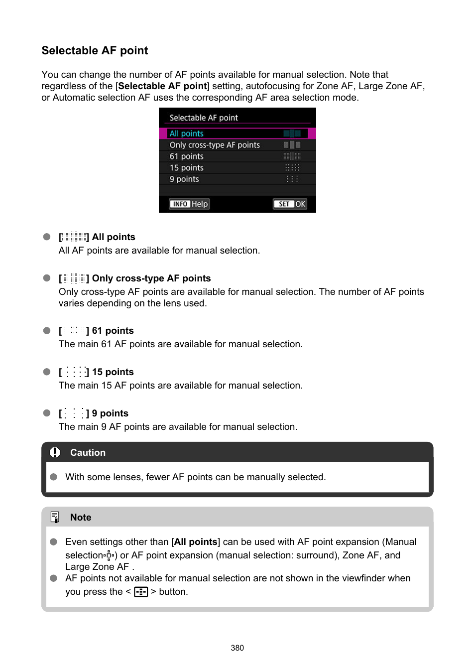 Selectable af point, Available for manual selection | Canon EOS-1D X Mark III DSLR Camera (Body Only) User Manual | Page 380 / 966