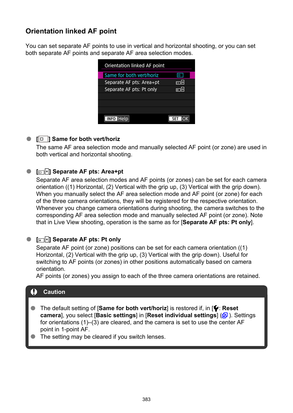 Orientation linked af point, Orientations | Canon EOS-1D X Mark III DSLR Camera (Body Only) User Manual | Page 383 / 966
