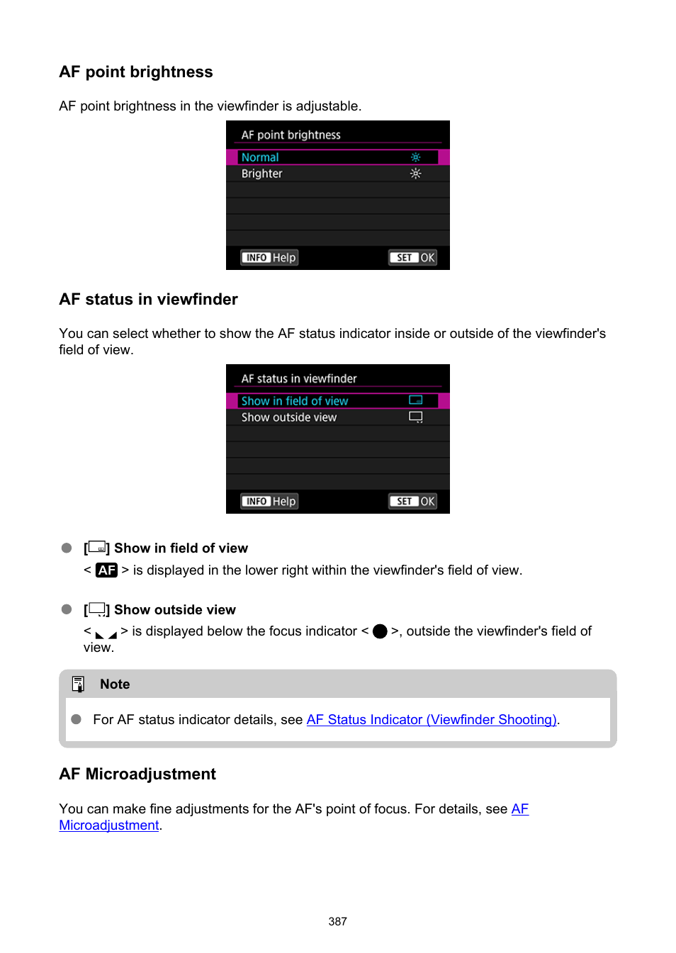 Af point brightness, Af status in viewfinder | Canon EOS-1D X Mark III DSLR Camera (Body Only) User Manual | Page 387 / 966