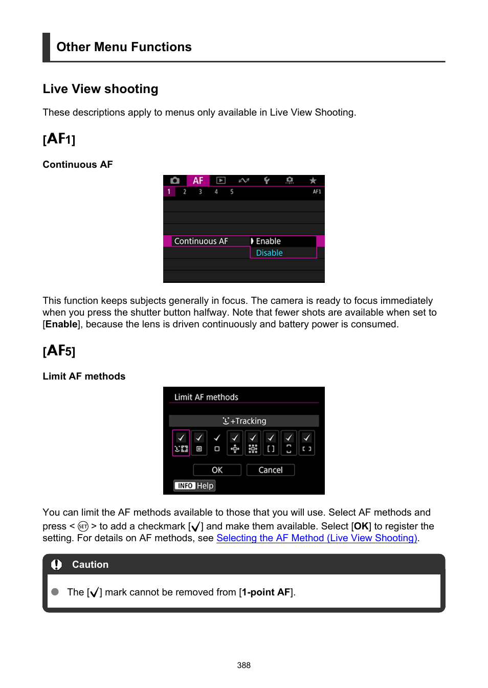 Continuous af, Limit af methods, Other menu functions live view shooting | Canon EOS-1D X Mark III DSLR Camera (Body Only) User Manual | Page 388 / 966