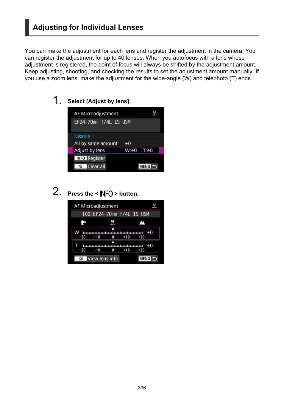 Adjusting for individual lenses | Canon EOS-1D X Mark III DSLR Camera (Body Only) User Manual | Page 396 / 966
