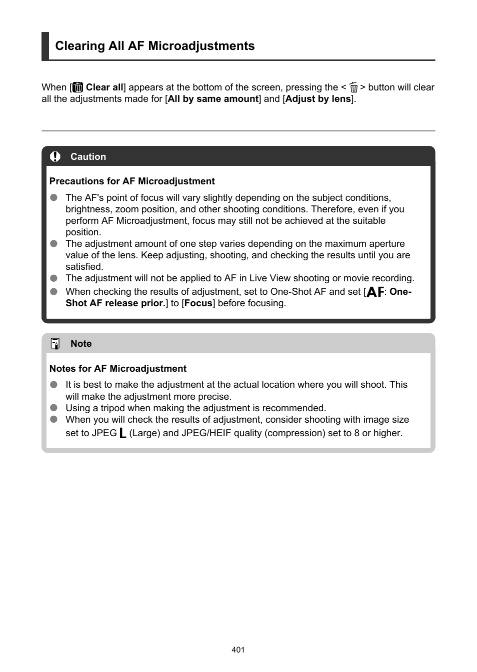 Clearing all af microadjustments, Before adjustment, also refer to, Precautions for af microadjustment | Notes for af, Microadjustment | Canon EOS-1D X Mark III DSLR Camera (Body Only) User Manual | Page 401 / 966