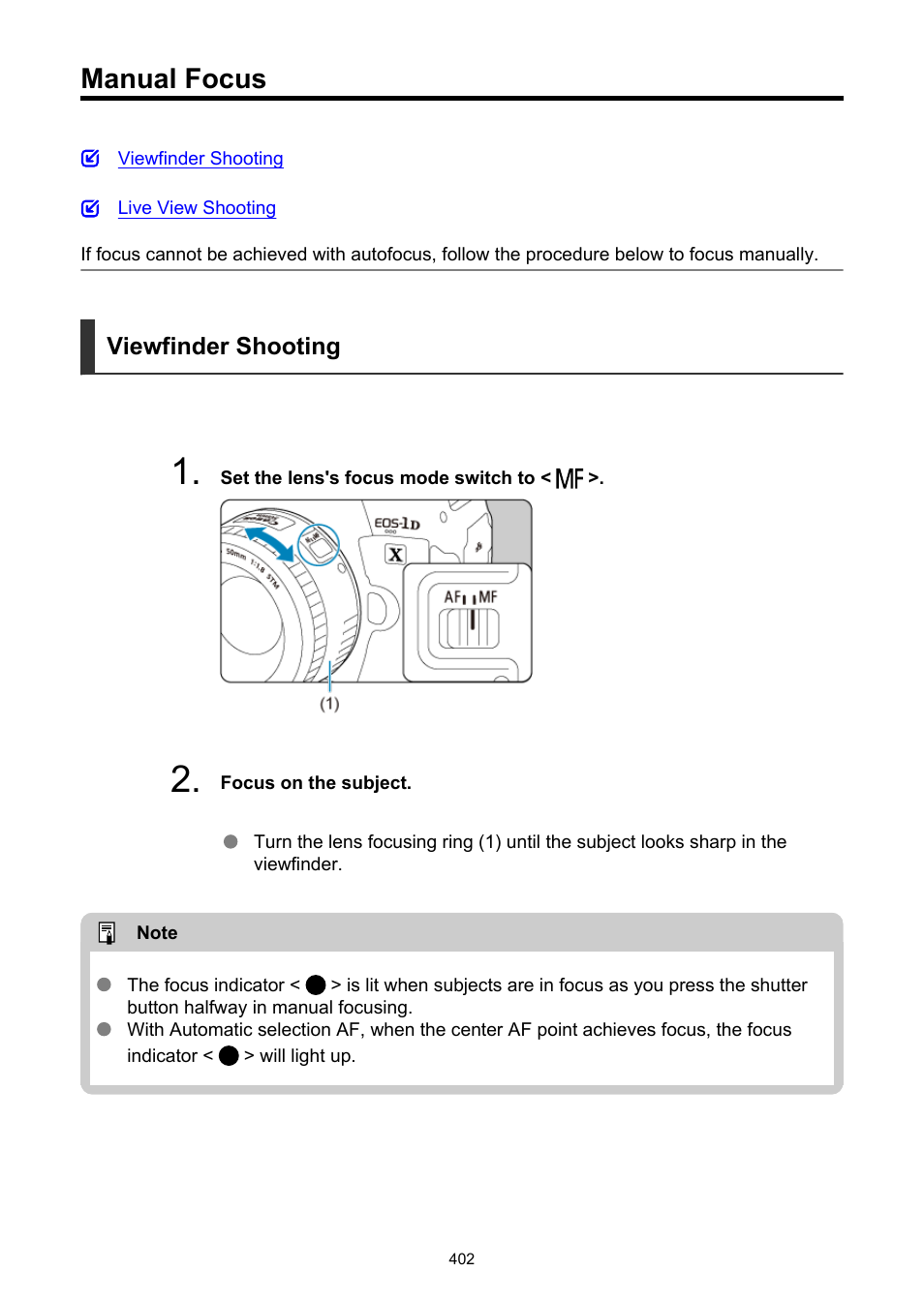 Manual focus | Canon EOS-1D X Mark III DSLR Camera (Body Only) User Manual | Page 402 / 966