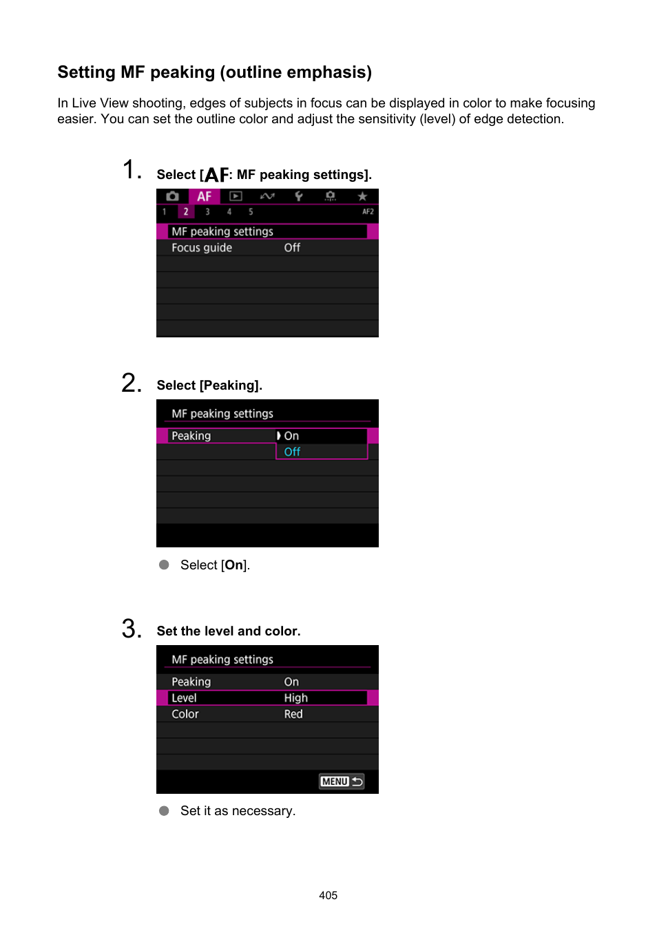 Mf peaking settings | Canon EOS-1D X Mark III DSLR Camera (Body Only) User Manual | Page 405 / 966