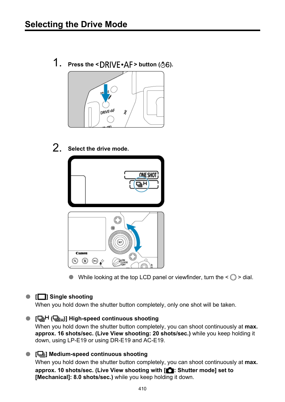 Selecting the drive mode | Canon EOS-1D X Mark III DSLR Camera (Body Only) User Manual | Page 410 / 966