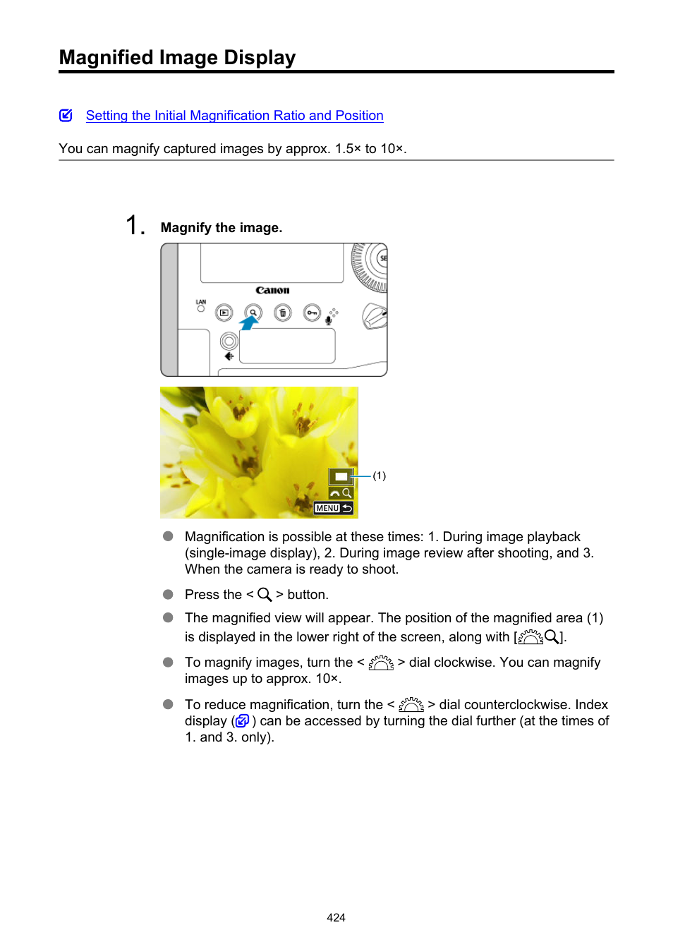 Magnified image display | Canon EOS-1D X Mark III DSLR Camera (Body Only) User Manual | Page 424 / 966