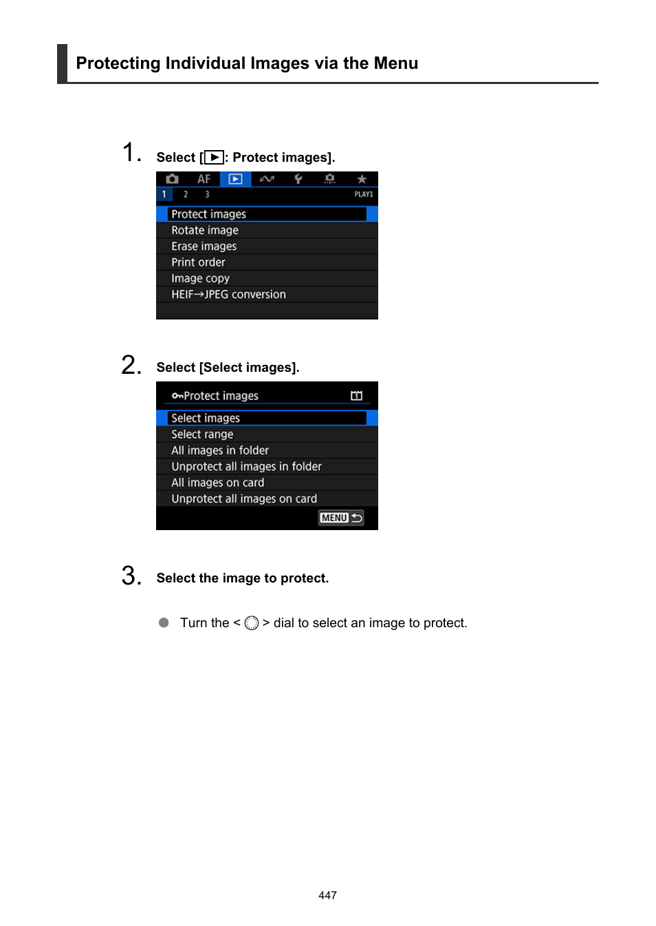 Protecting individual images via the menu | Canon EOS-1D X Mark III DSLR Camera (Body Only) User Manual | Page 447 / 966