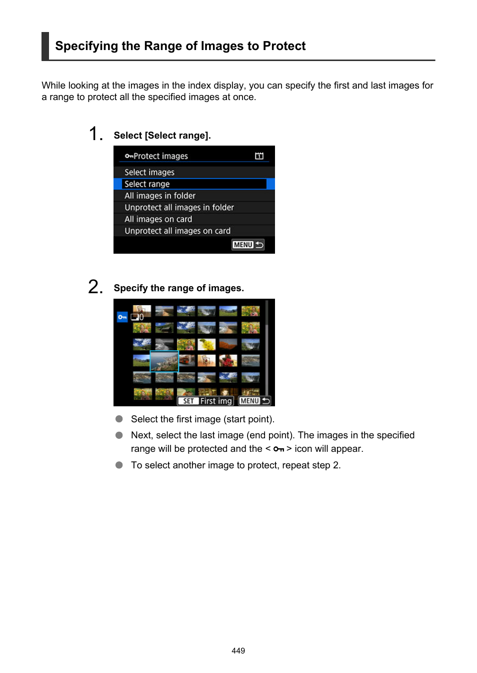 Specifying the range of images to protect | Canon EOS-1D X Mark III DSLR Camera (Body Only) User Manual | Page 449 / 966