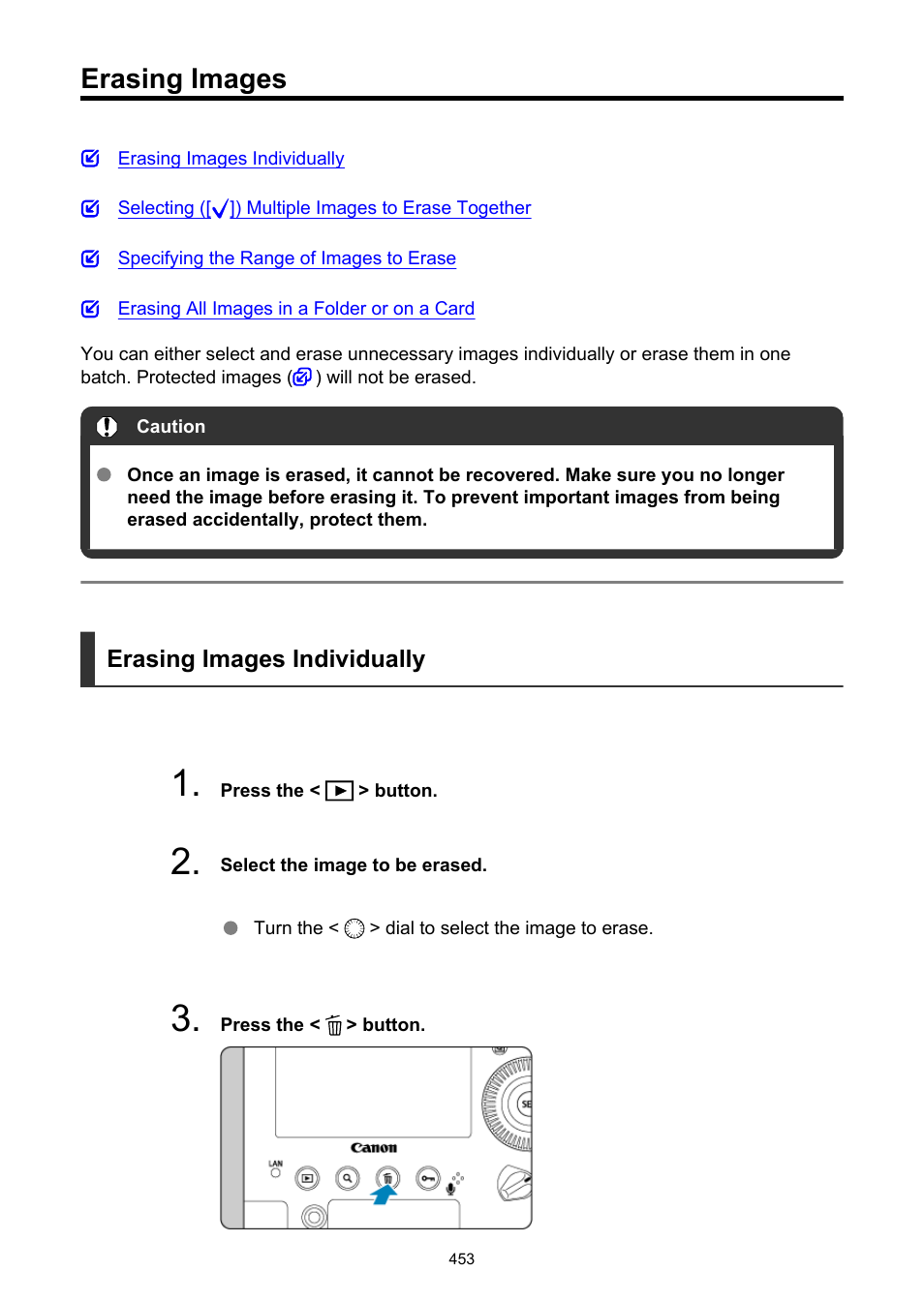 Erasing images, Erase images, If you erase all the images | Only the protected images will remain. this is | Canon EOS-1D X Mark III DSLR Camera (Body Only) User Manual | Page 453 / 966