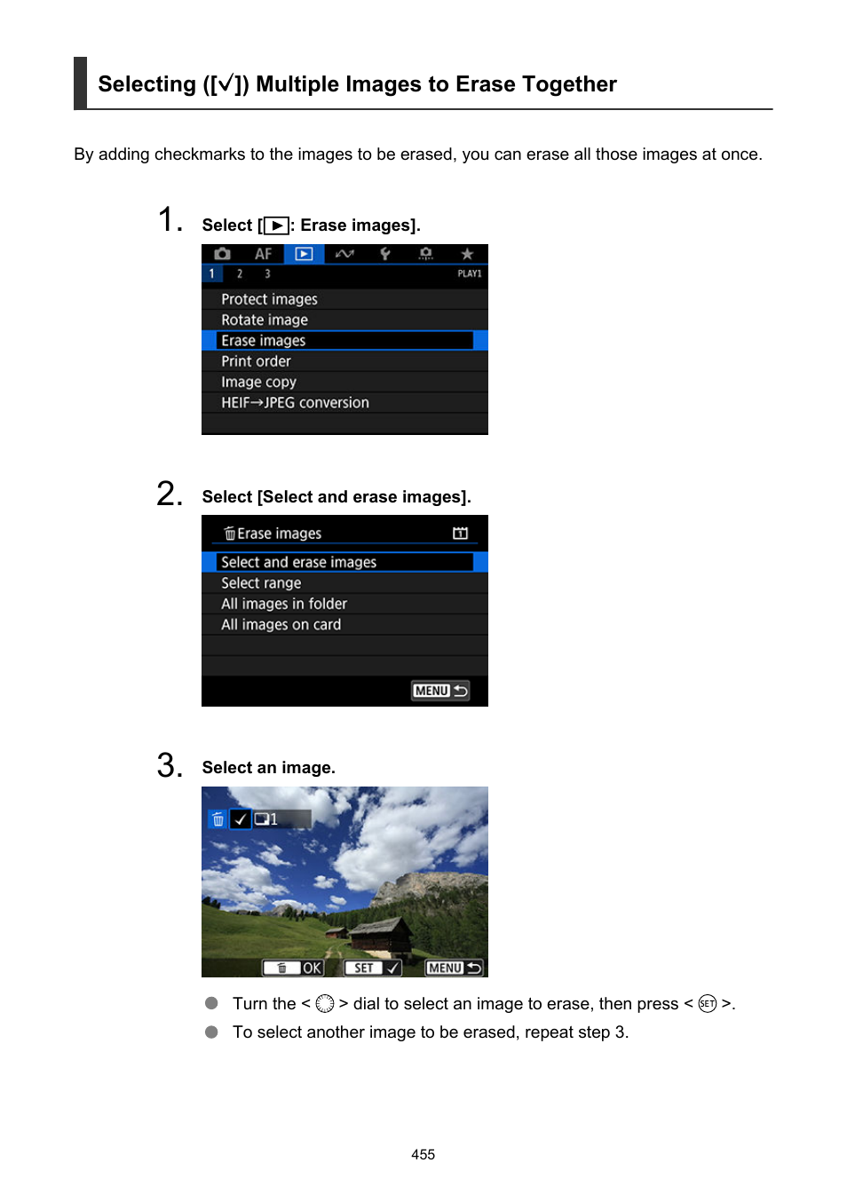 Selecting ([ ]) multiple images to erase together | Canon EOS-1D X Mark III DSLR Camera (Body Only) User Manual | Page 455 / 966