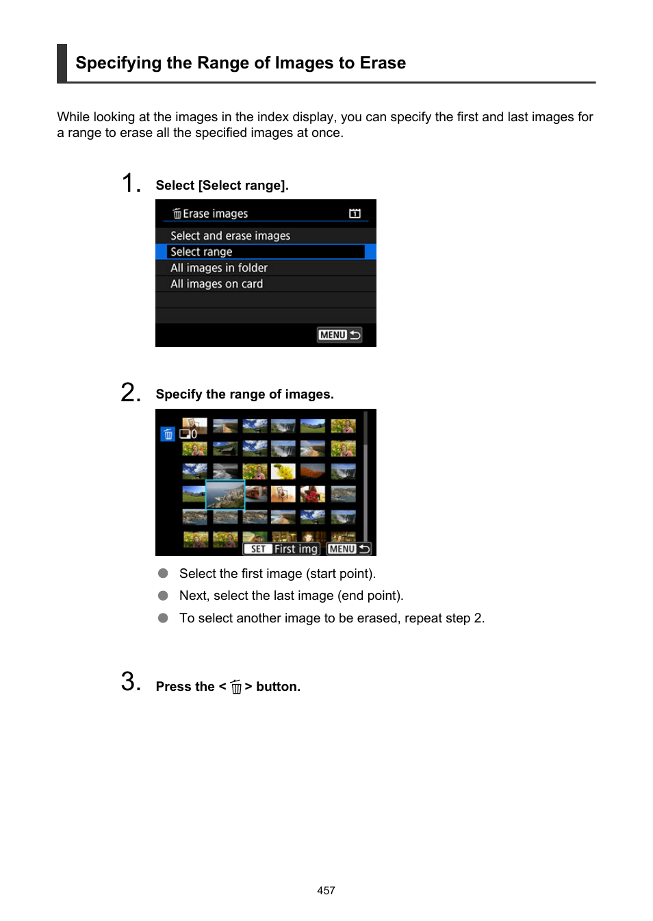 Specifying the range of images to erase | Canon EOS-1D X Mark III DSLR Camera (Body Only) User Manual | Page 457 / 966