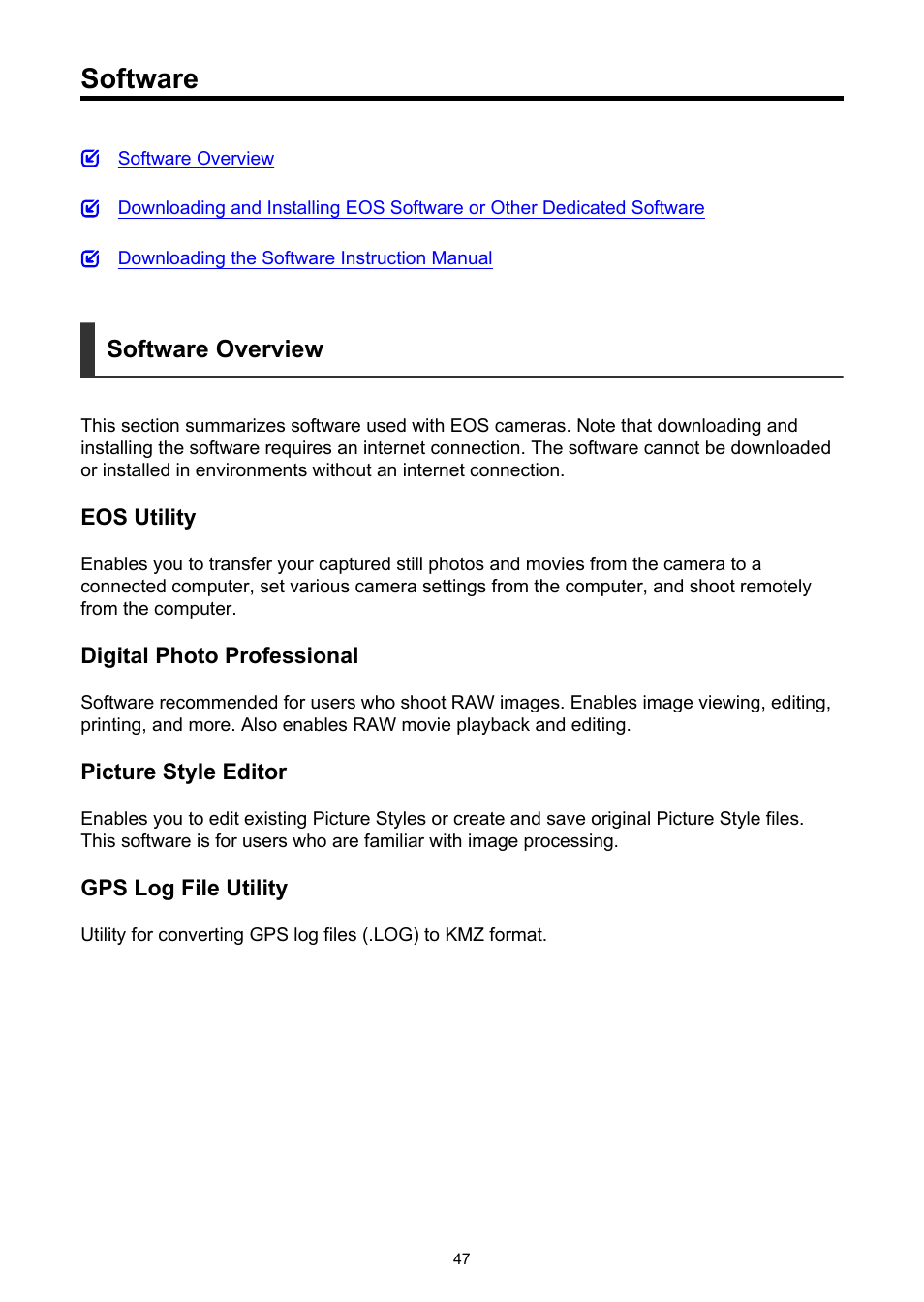 Software, Software overview | Canon EOS-1D X Mark III DSLR Camera (Body Only) User Manual | Page 47 / 966