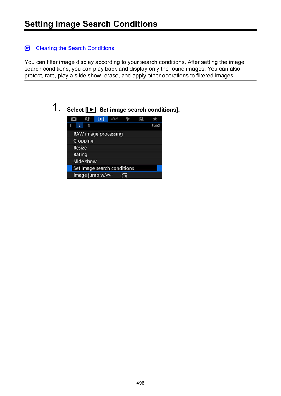 Setting image search conditions, Set image search conditions | Canon EOS-1D X Mark III DSLR Camera (Body Only) User Manual | Page 498 / 966