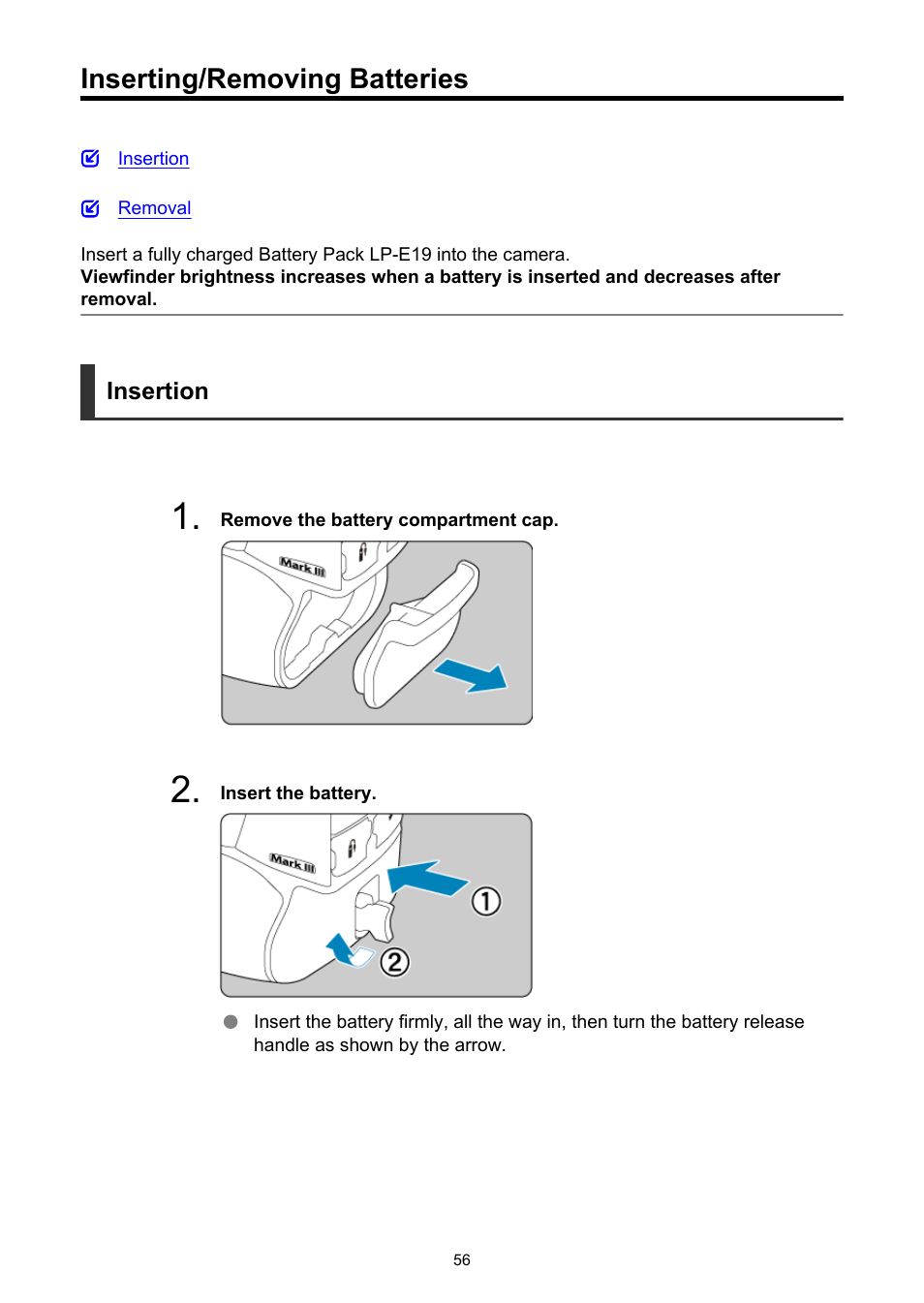 Inserting/removing batteries | Canon EOS-1D X Mark III DSLR Camera (Body Only) User Manual | Page 56 / 966