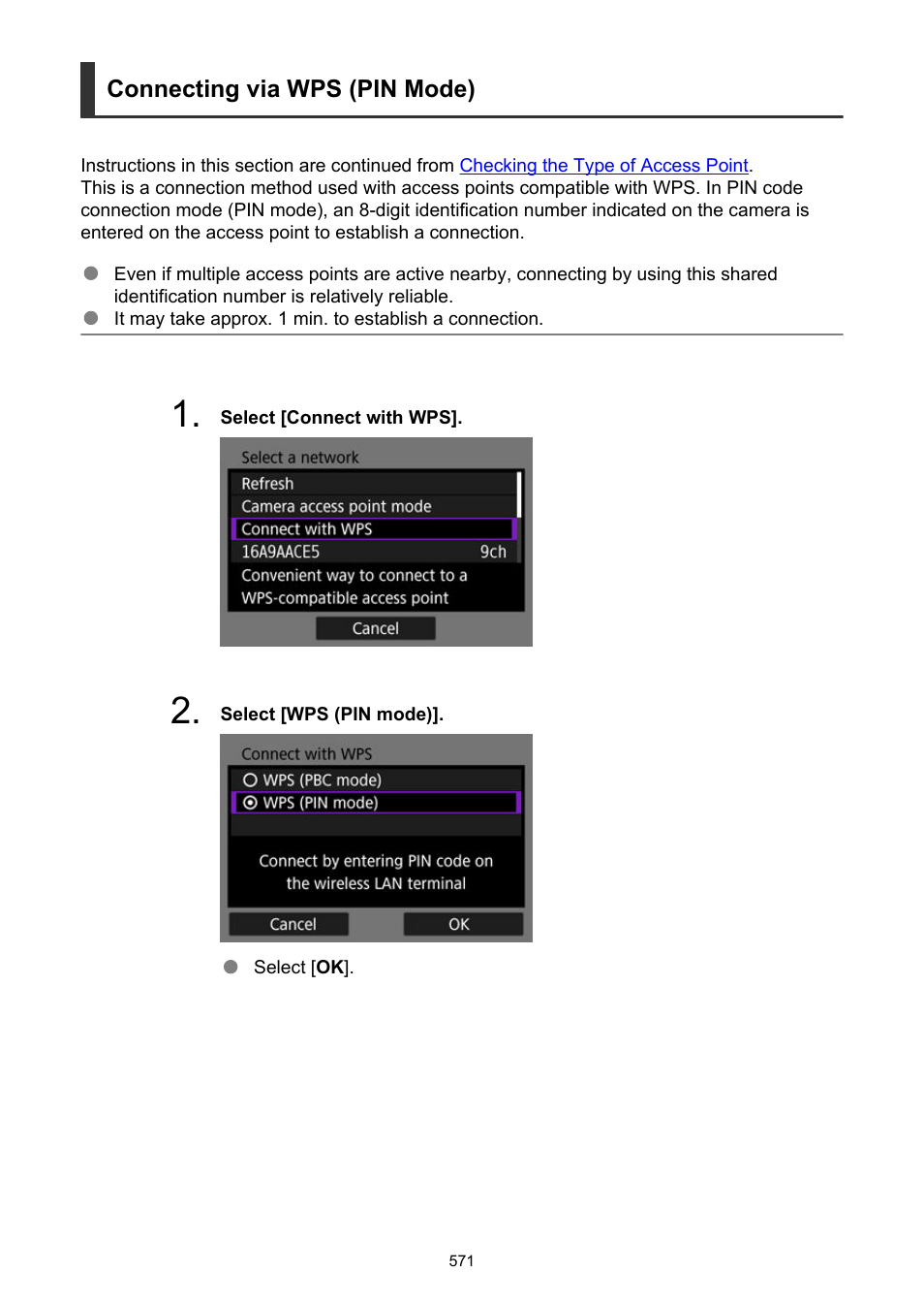 Connecting via wps (pin mode) | Canon EOS-1D X Mark III DSLR Camera (Body Only) User Manual | Page 571 / 966