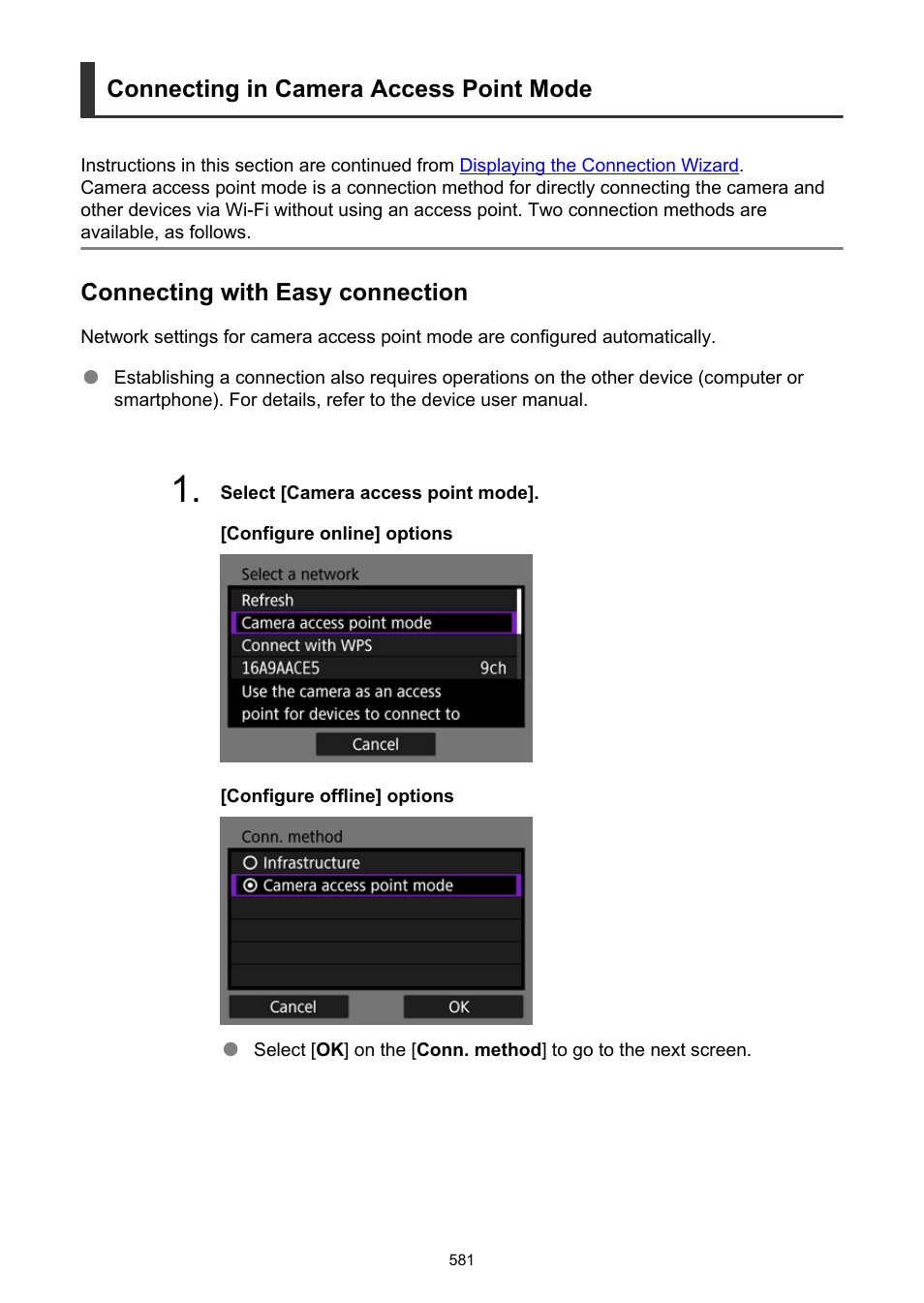 Connecting in camera access point mode, Connecting in, Camera access point mode | Connecting with easy connection | Canon EOS-1D X Mark III DSLR Camera (Body Only) User Manual | Page 581 / 966