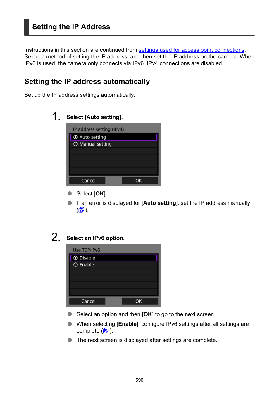 Setting the ip address, Go to, If the | Setting the ip address automatically | Canon EOS-1D X Mark III DSLR Camera (Body Only) User Manual | Page 590 / 966