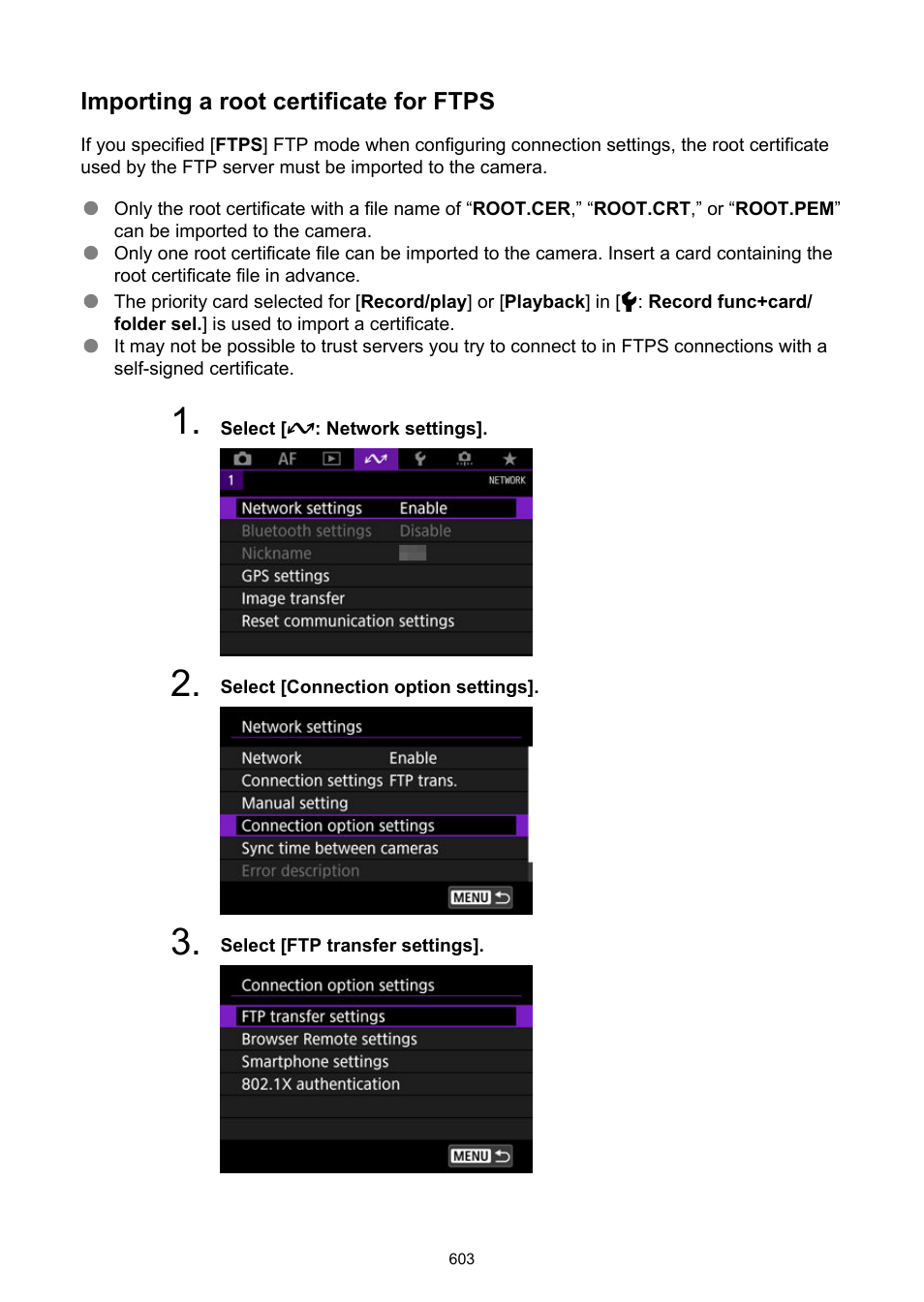 Importing a root certificate for, Ftps | Canon EOS-1D X Mark III DSLR Camera (Body Only) User Manual | Page 603 / 966