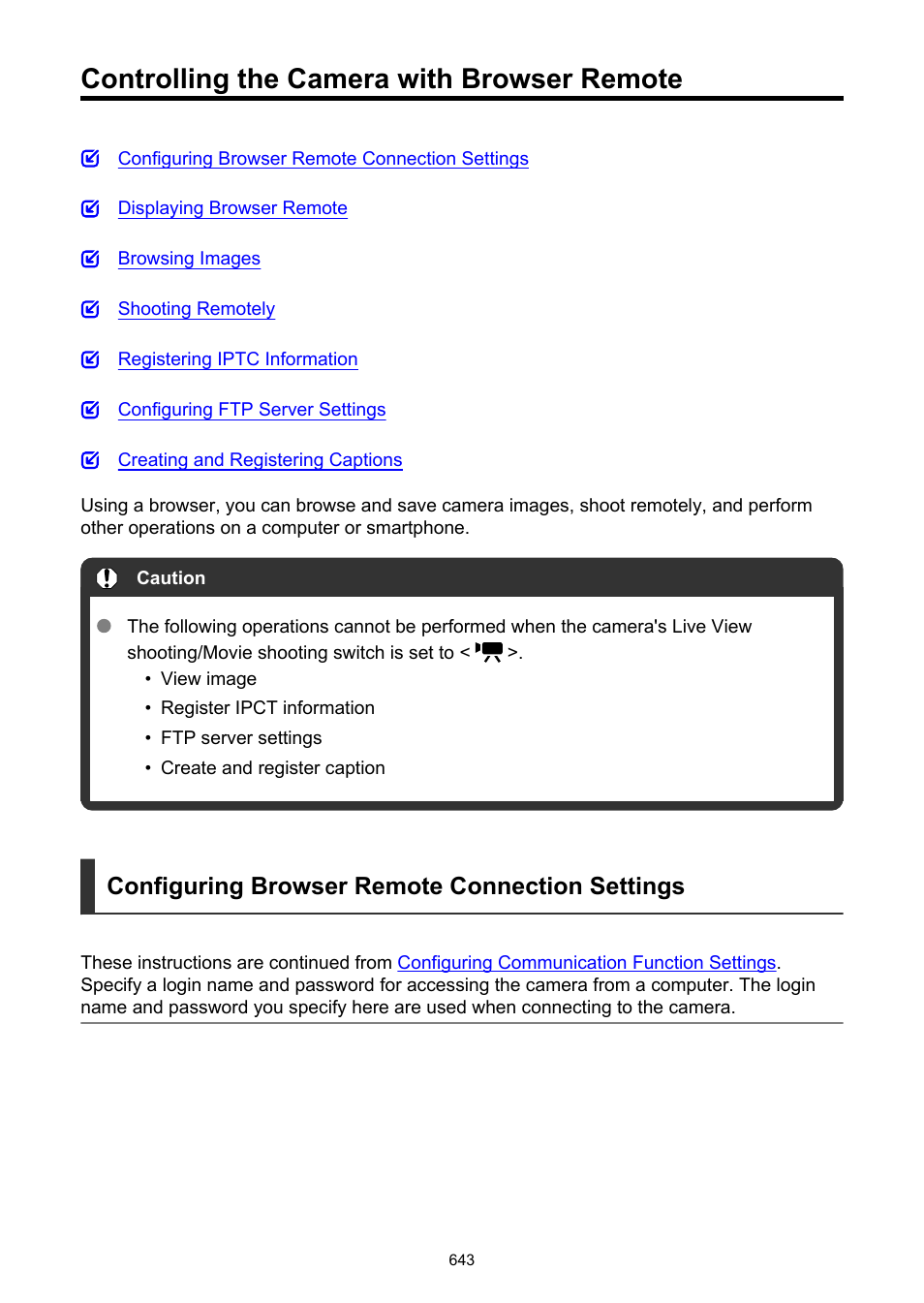 Controlling the camera with browser remote, Browser remote, Configuring browser remote connection settings | Canon EOS-1D X Mark III DSLR Camera (Body Only) User Manual | Page 643 / 966