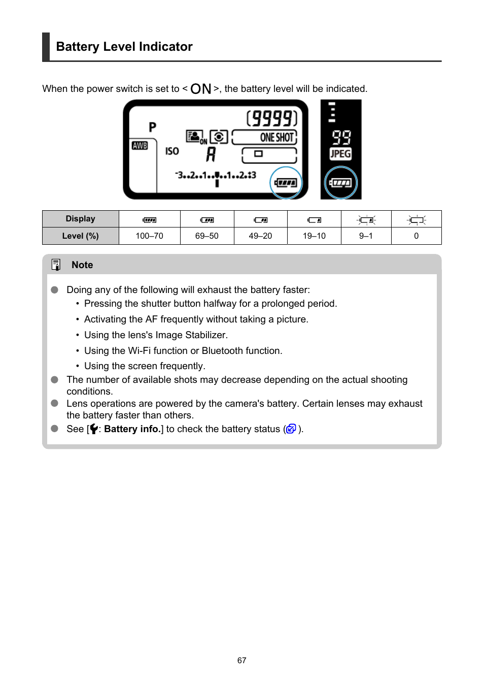 Battery level indicator | Canon EOS-1D X Mark III DSLR Camera (Body Only) User Manual | Page 67 / 966