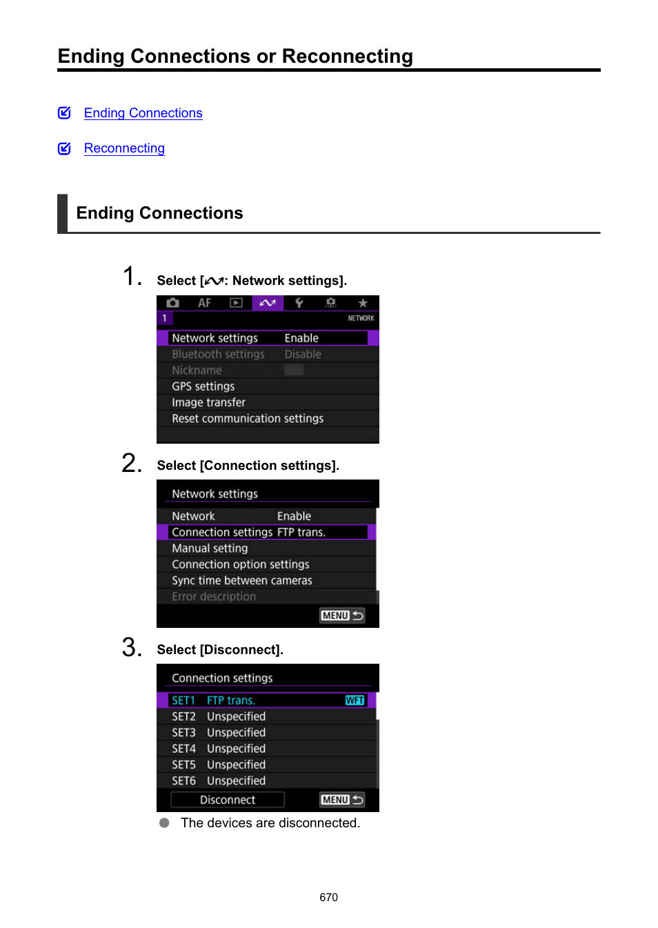 Ending connections or reconnecting | Canon EOS-1D X Mark III DSLR Camera (Body Only) User Manual | Page 670 / 966