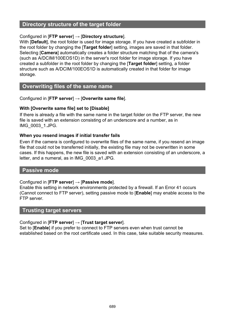 Directory structure of the target folder, Overwriting files of the same name, Passive mode | Trusting target servers | Canon EOS-1D X Mark III DSLR Camera (Body Only) User Manual | Page 689 / 966