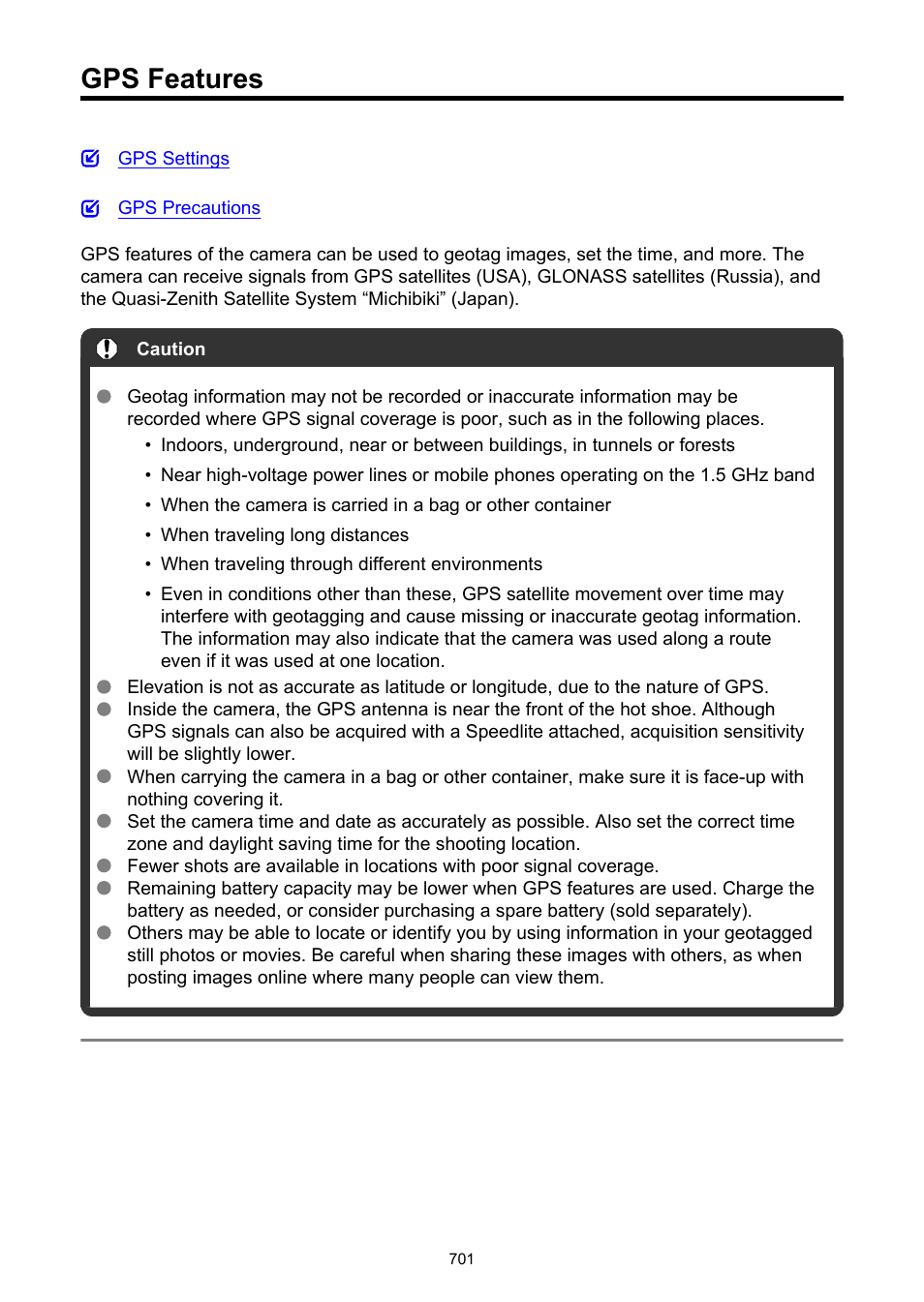 Gps features, Gps settings | Canon EOS-1D X Mark III DSLR Camera (Body Only) User Manual | Page 701 / 966