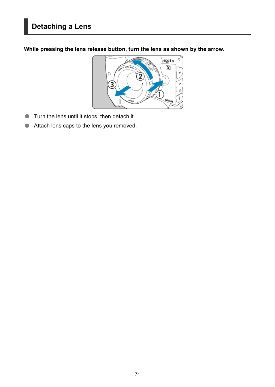 Detaching a lens | Canon EOS-1D X Mark III DSLR Camera (Body Only) User Manual | Page 71 / 966