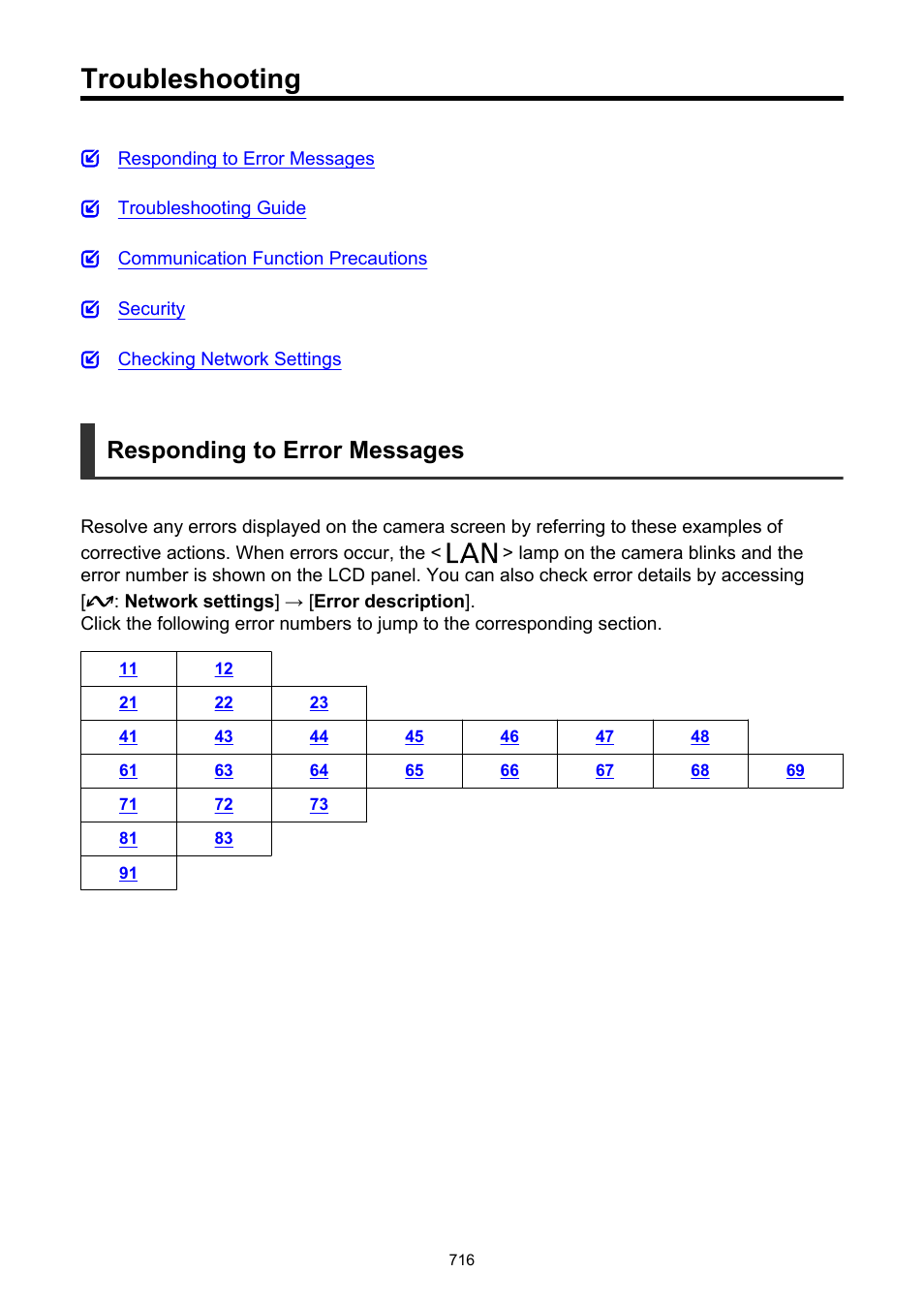 Troubleshooting, To resolve the error displayed, see, Responding to error messages | Canon EOS-1D X Mark III DSLR Camera (Body Only) User Manual | Page 716 / 966