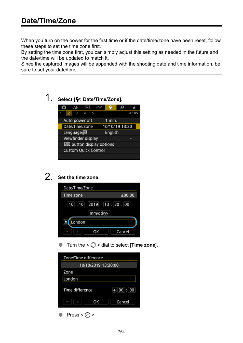 Date/time/zone, Date/time, Zone | Canon EOS-1D X Mark III DSLR Camera (Body Only) User Manual | Page 764 / 966