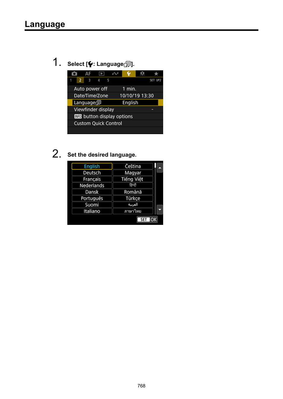 Language | Canon EOS-1D X Mark III DSLR Camera (Body Only) User Manual | Page 768 / 966