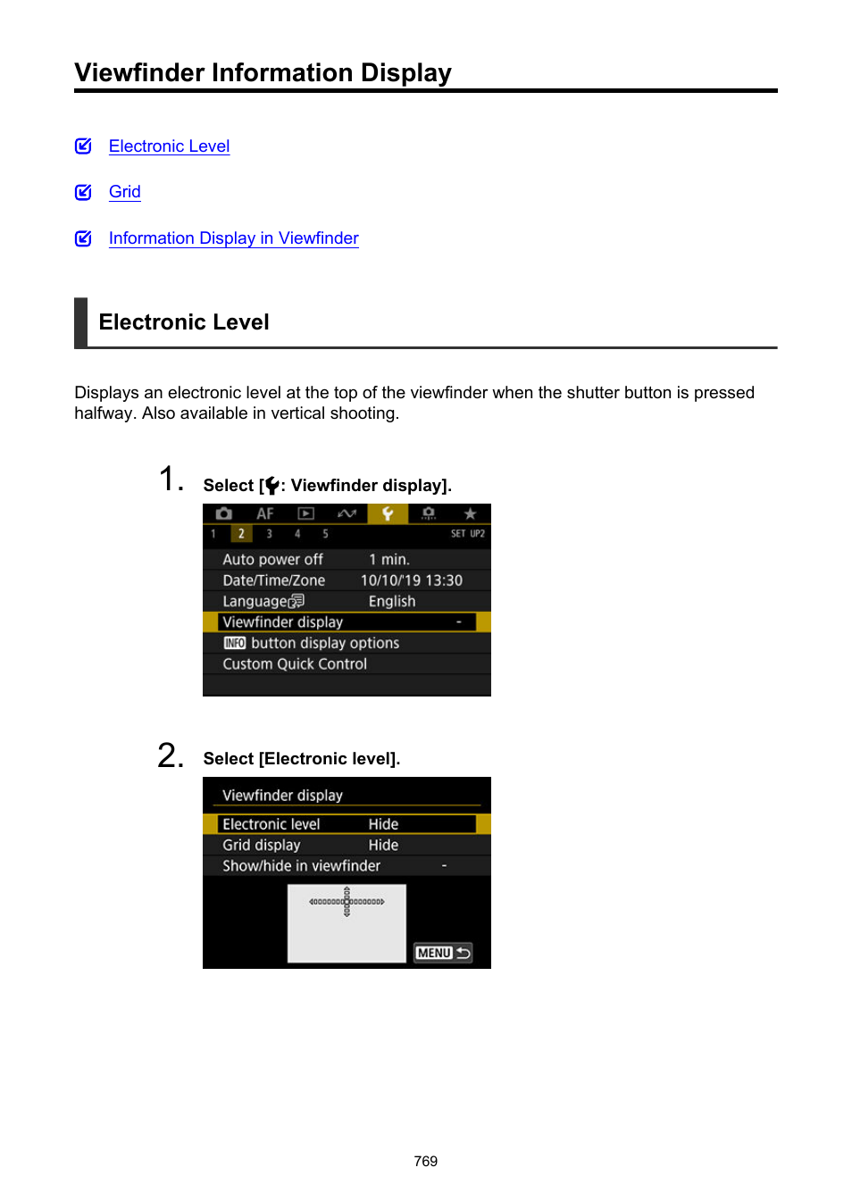 Viewfinder information display, Viewfinder display | Canon EOS-1D X Mark III DSLR Camera (Body Only) User Manual | Page 769 / 966