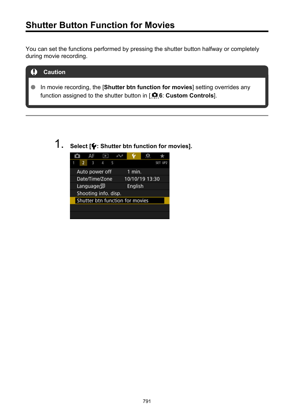 Shutter button function for movies, Shutter btn function for movies | Canon EOS-1D X Mark III DSLR Camera (Body Only) User Manual | Page 791 / 966