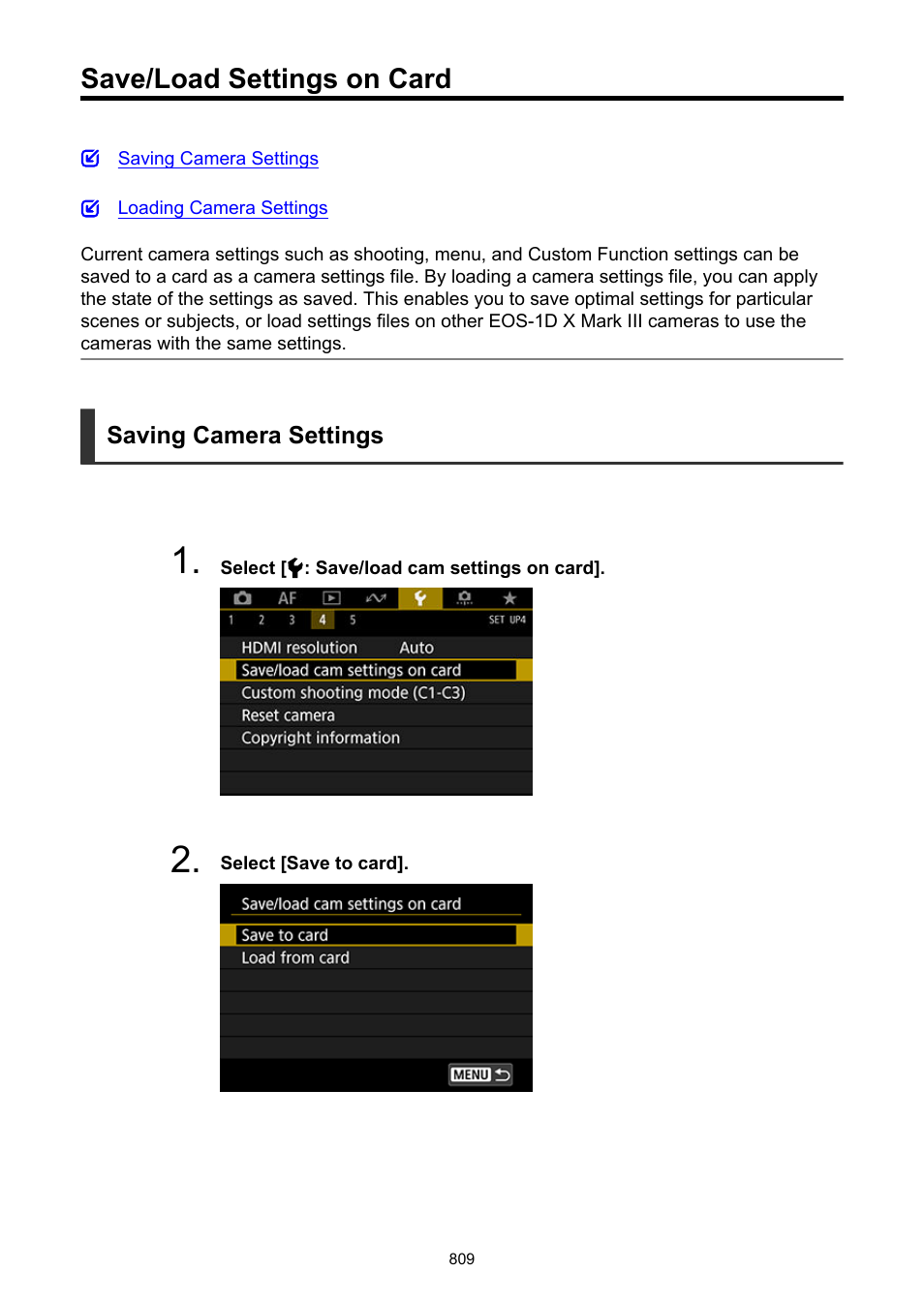 Save/load settings on card, Save/load cam settings on card | Canon EOS-1D X Mark III DSLR Camera (Body Only) User Manual | Page 809 / 966