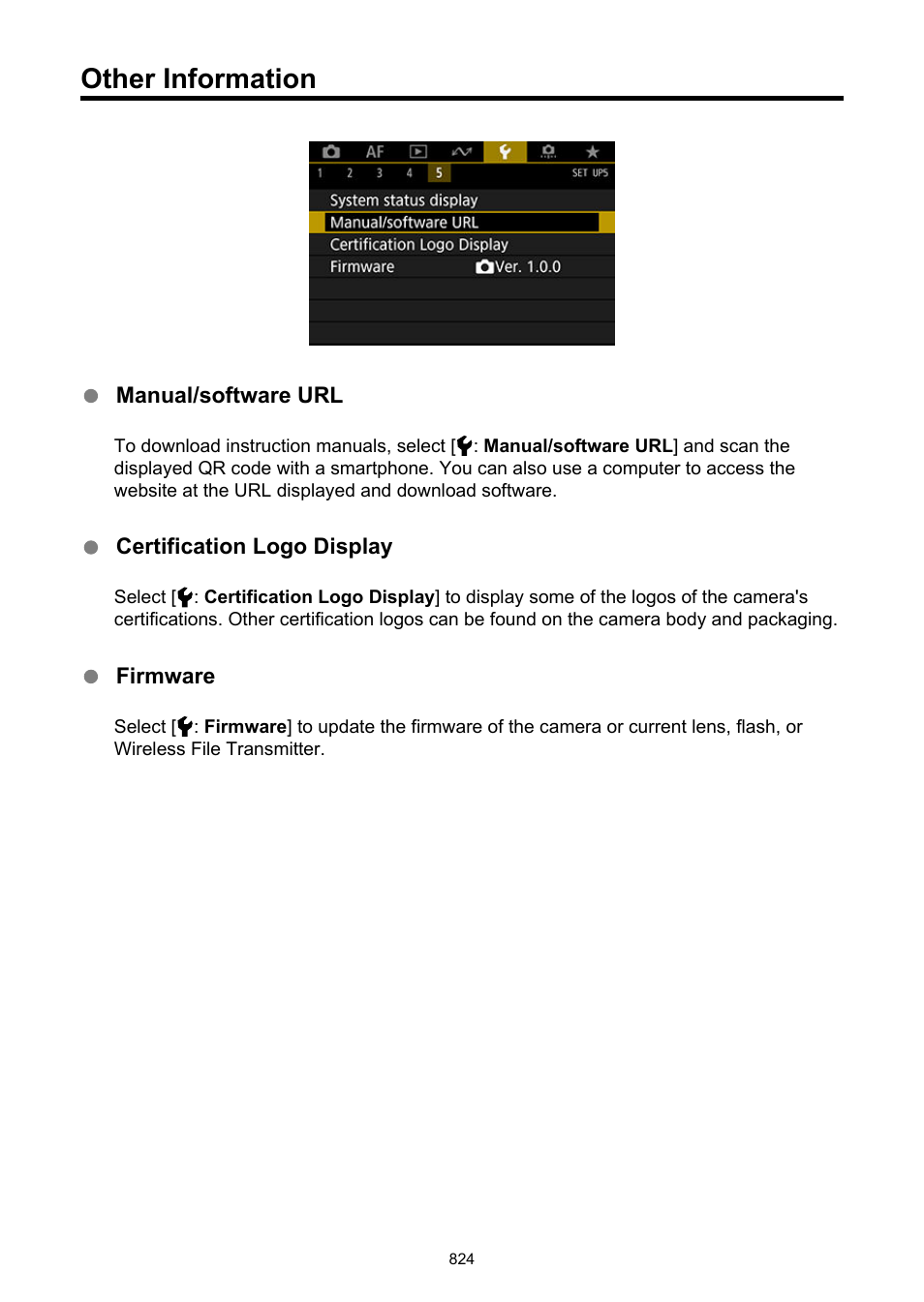 Other information, Manual/software url, Certification logo display | Firmware | Canon EOS-1D X Mark III DSLR Camera (Body Only) User Manual | Page 824 / 966