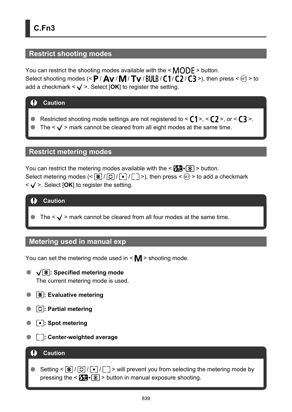 Restrict shooting modes, Restrict metering modes, Metering used in manual exp | C.fn3 | Canon EOS-1D X Mark III DSLR Camera (Body Only) User Manual | Page 839 / 966