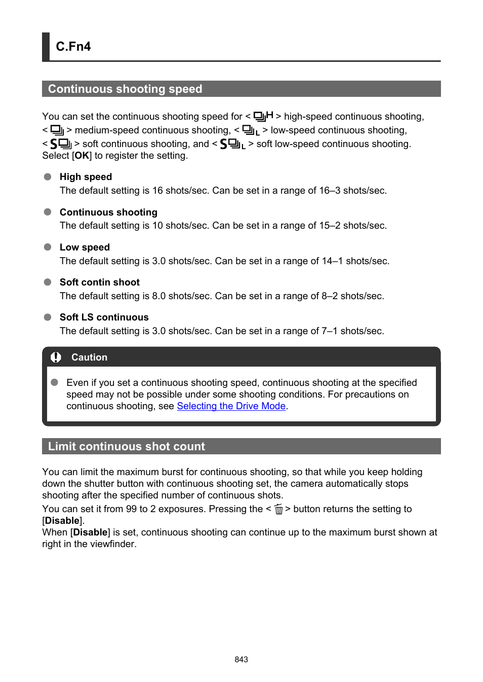 Continuous shooting speed, Limit continuous shot count, C.fn4 | Canon EOS-1D X Mark III DSLR Camera (Body Only) User Manual | Page 843 / 966