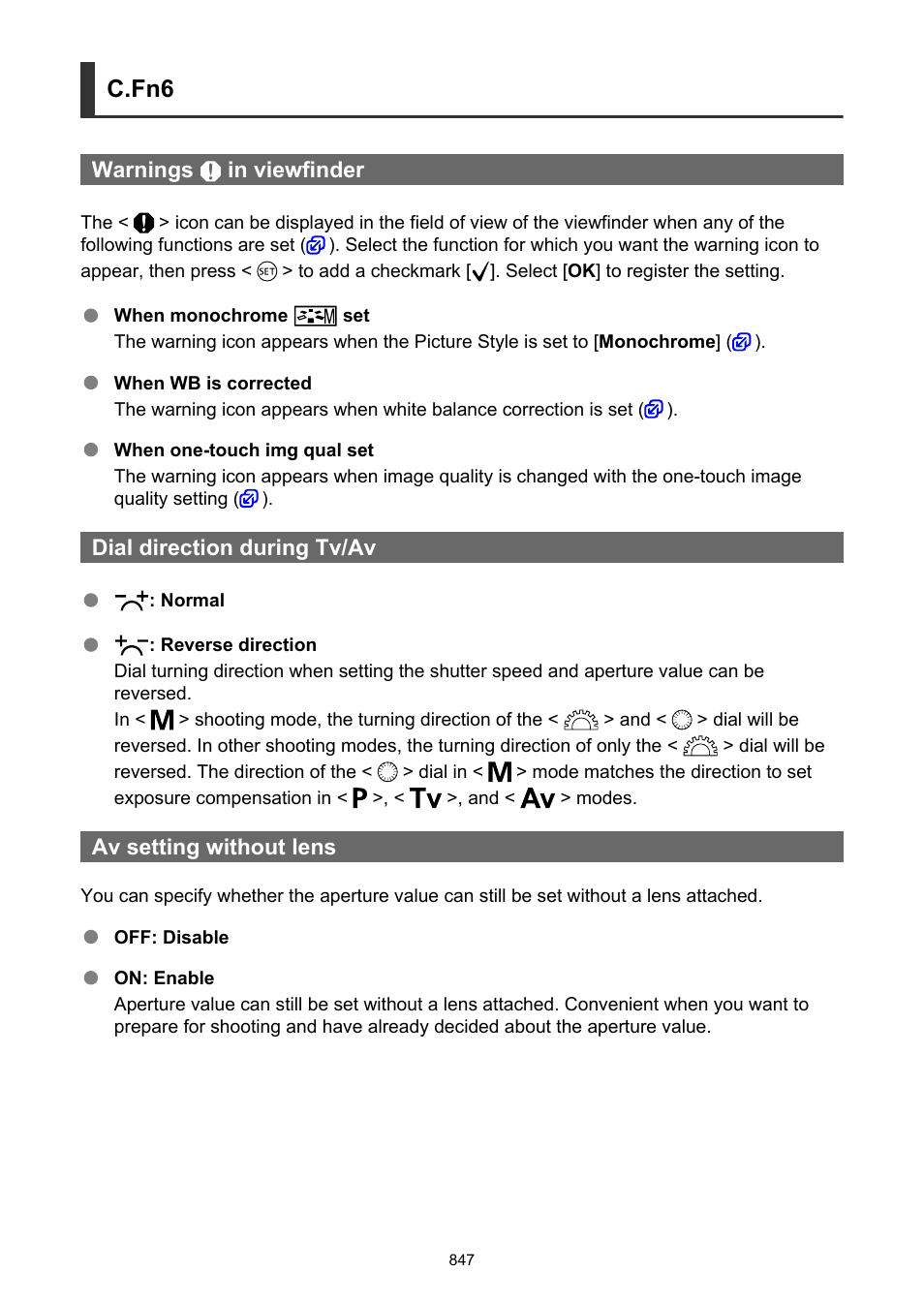 Warnings, In viewfinder, Dial direction during tv/av | Av setting without lens, C.fn6 | Canon EOS-1D X Mark III DSLR Camera (Body Only) User Manual | Page 847 / 966