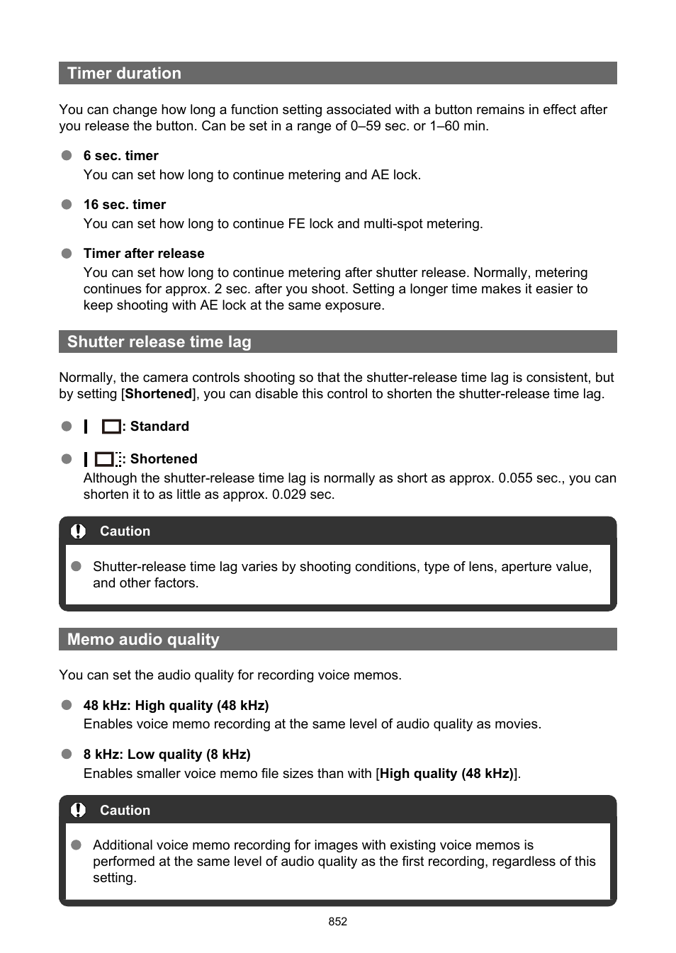 Timer duration, Shutter release time lag, Memo audio quality | Canon EOS-1D X Mark III DSLR Camera (Body Only) User Manual | Page 852 / 966