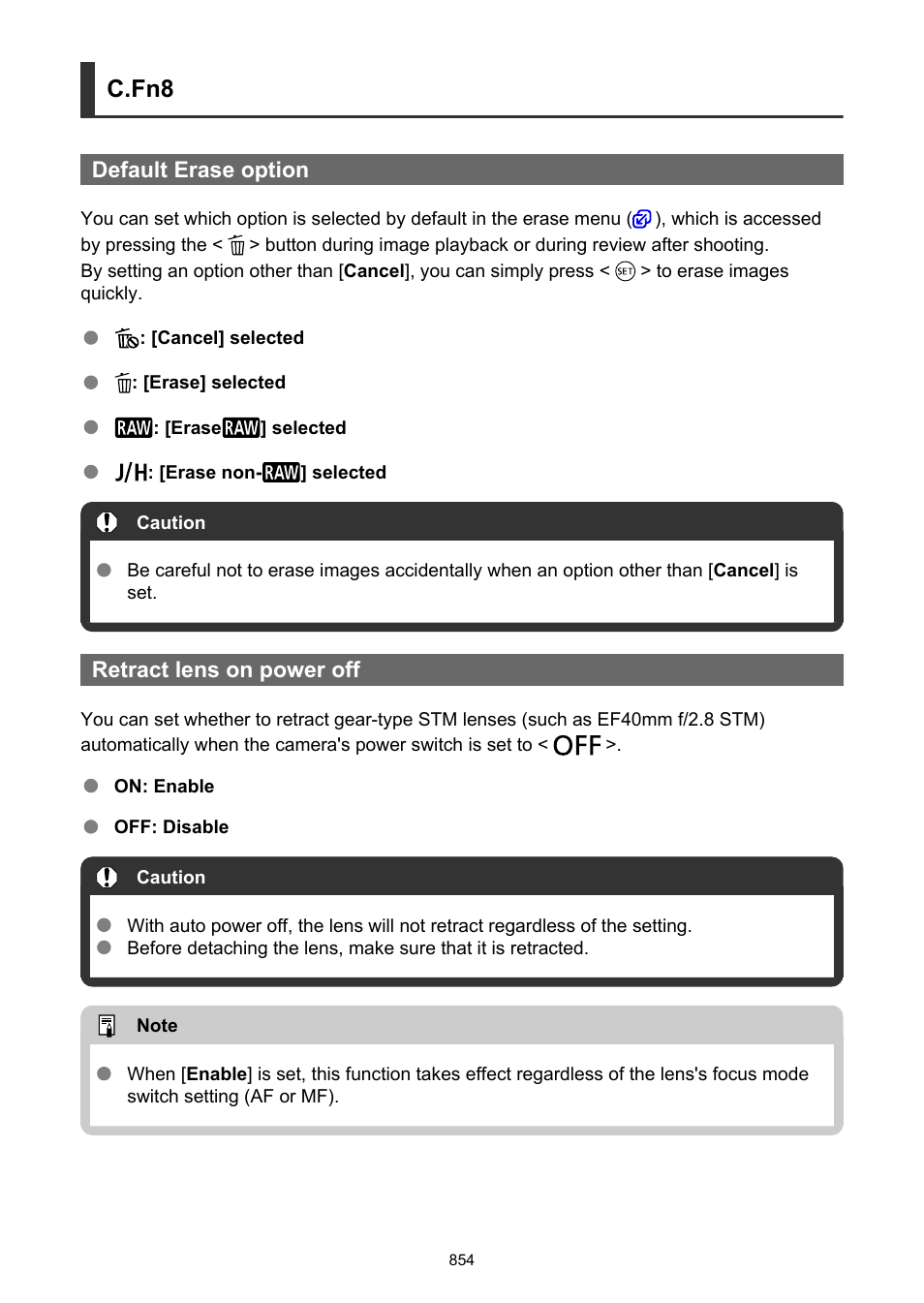 Default erase option, Retract lens on power off, C.fn8 | Canon EOS-1D X Mark III DSLR Camera (Body Only) User Manual | Page 854 / 966
