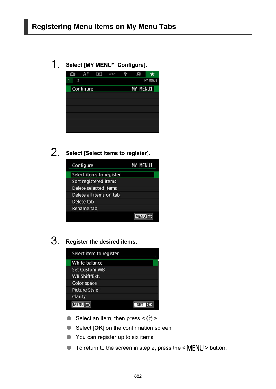 Registering menu items on my menu tabs | Canon EOS-1D X Mark III DSLR Camera (Body Only) User Manual | Page 882 / 966