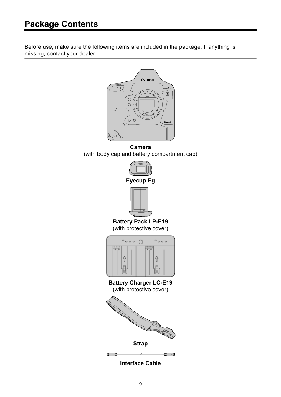 Package contents | Canon EOS-1D X Mark III DSLR Camera (Body Only) User Manual | Page 9 / 966