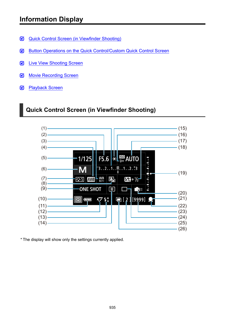 Information display, Quick control screen (in viewfinder shooting) | Canon EOS-1D X Mark III DSLR Camera (Body Only) User Manual | Page 935 / 966