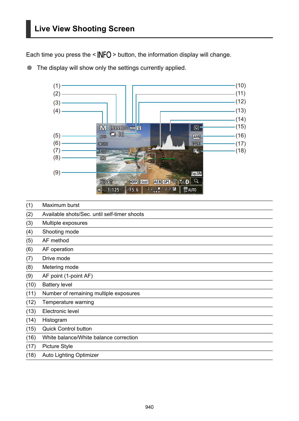 Live view shooting screen | Canon EOS-1D X Mark III DSLR Camera (Body Only) User Manual | Page 940 / 966