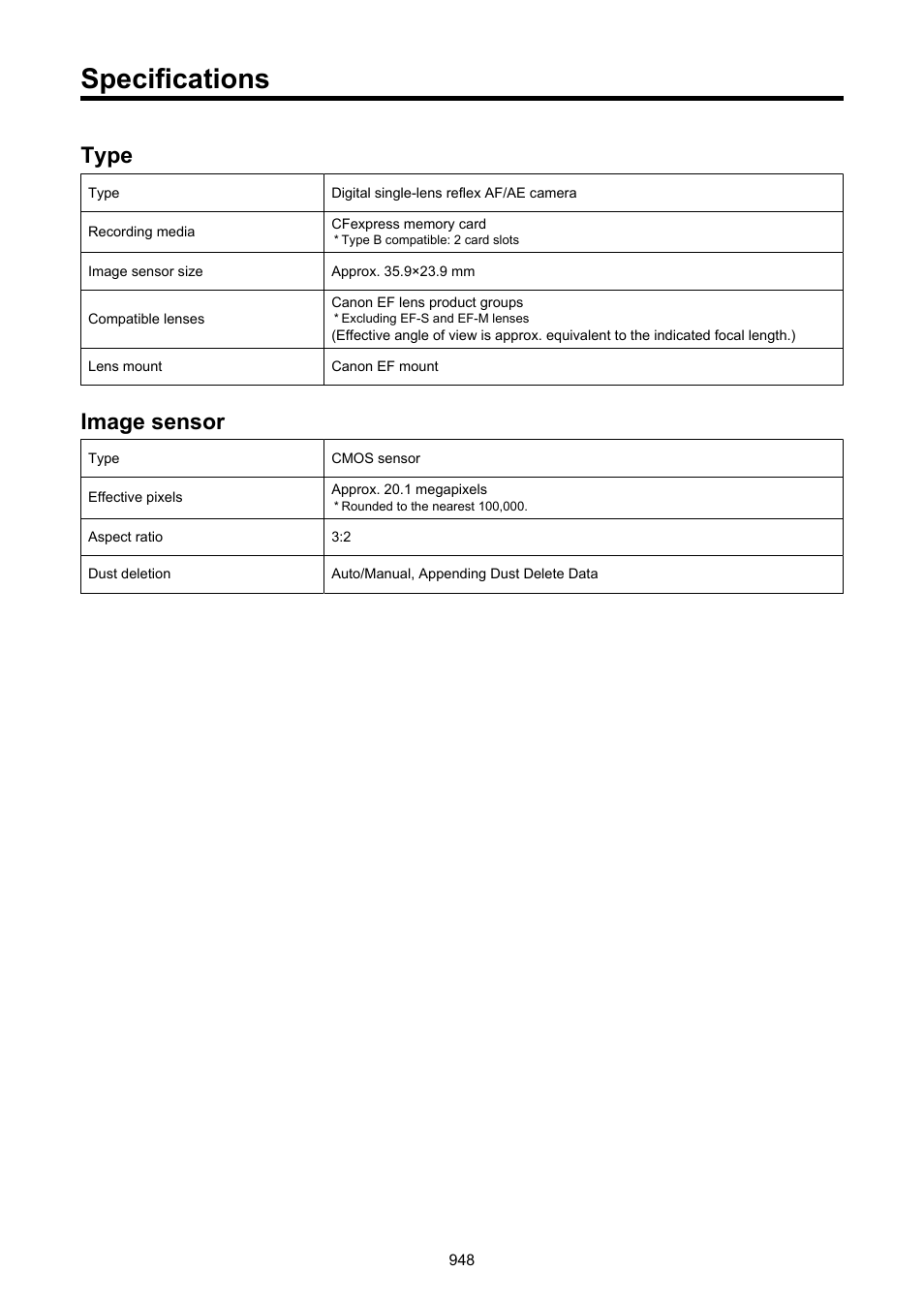 Specifications, Type, Image sensor | Canon EOS-1D X Mark III DSLR Camera (Body Only) User Manual | Page 948 / 966